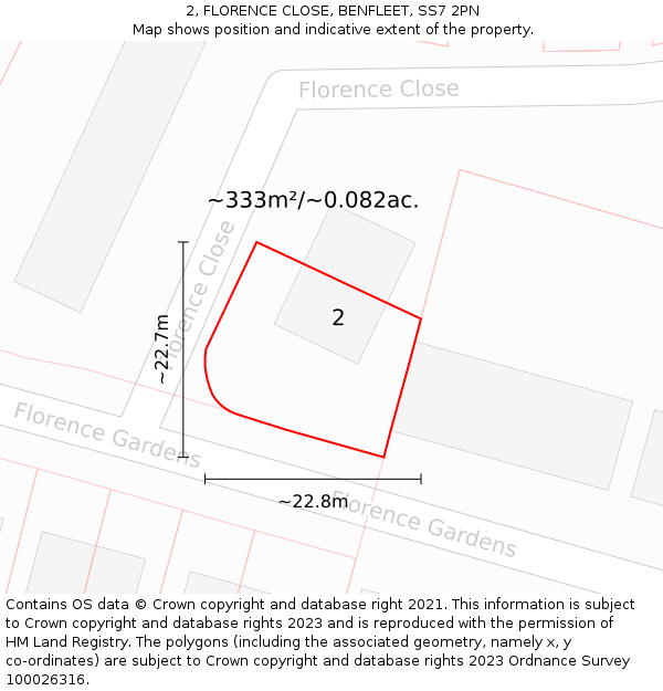 2, FLORENCE CLOSE, BENFLEET, SS7 2PN: Plot and title map