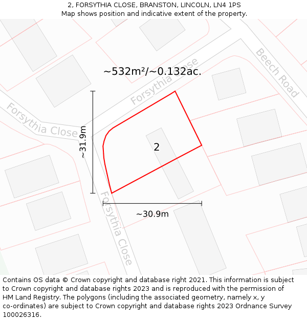 2, FORSYTHIA CLOSE, BRANSTON, LINCOLN, LN4 1PS: Plot and title map