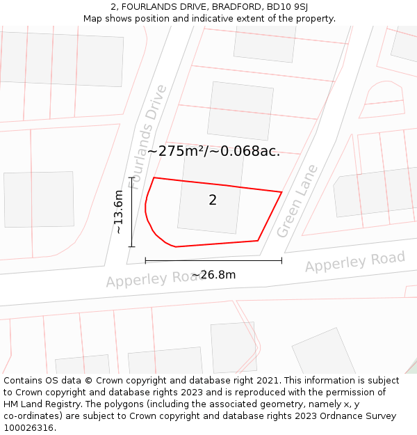 2, FOURLANDS DRIVE, BRADFORD, BD10 9SJ: Plot and title map