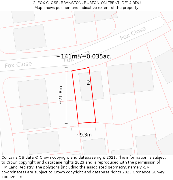 2, FOX CLOSE, BRANSTON, BURTON-ON-TRENT, DE14 3DU: Plot and title map