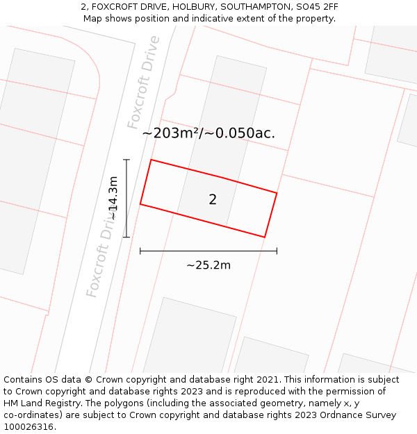2, FOXCROFT DRIVE, HOLBURY, SOUTHAMPTON, SO45 2FF: Plot and title map