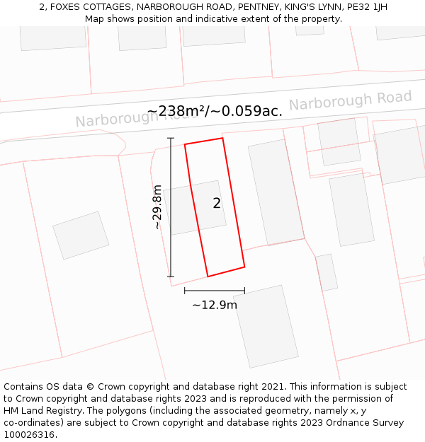2, FOXES COTTAGES, NARBOROUGH ROAD, PENTNEY, KING'S LYNN, PE32 1JH: Plot and title map