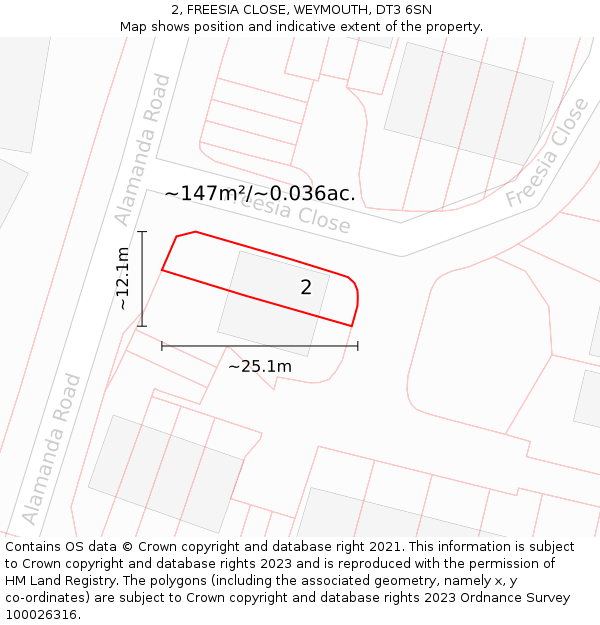 2, FREESIA CLOSE, WEYMOUTH, DT3 6SN: Plot and title map