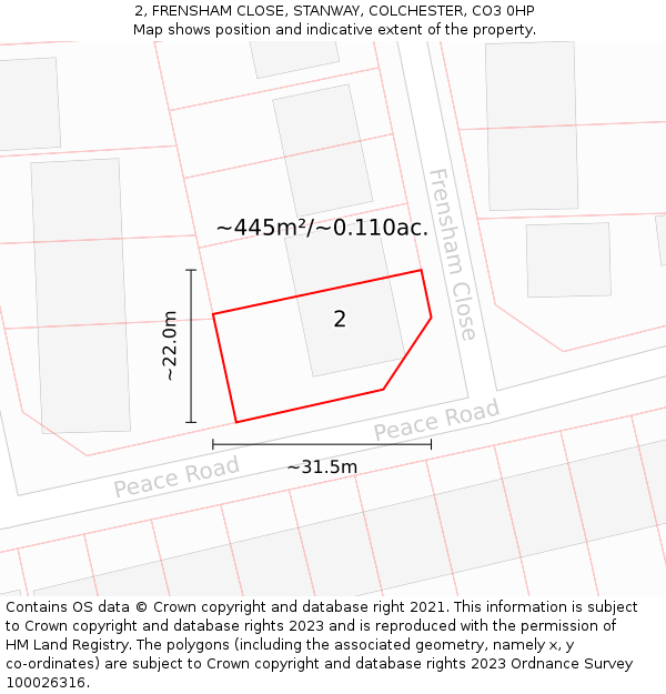 2, FRENSHAM CLOSE, STANWAY, COLCHESTER, CO3 0HP: Plot and title map
