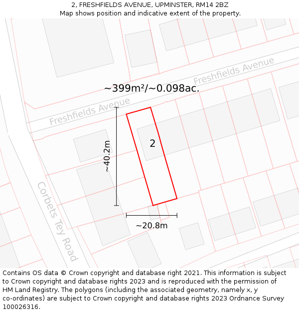 2, FRESHFIELDS AVENUE, UPMINSTER, RM14 2BZ: Plot and title map