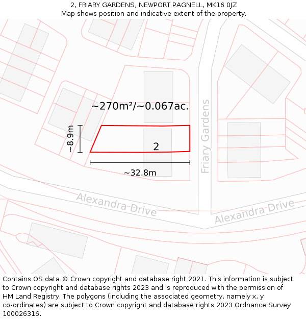 2, FRIARY GARDENS, NEWPORT PAGNELL, MK16 0JZ: Plot and title map
