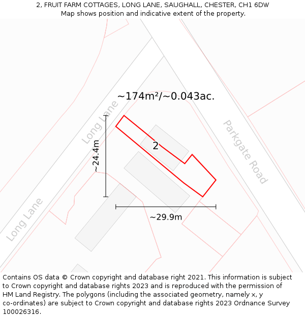 2, FRUIT FARM COTTAGES, LONG LANE, SAUGHALL, CHESTER, CH1 6DW: Plot and title map