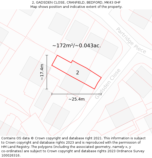 2, GADSDEN CLOSE, CRANFIELD, BEDFORD, MK43 0HF: Plot and title map