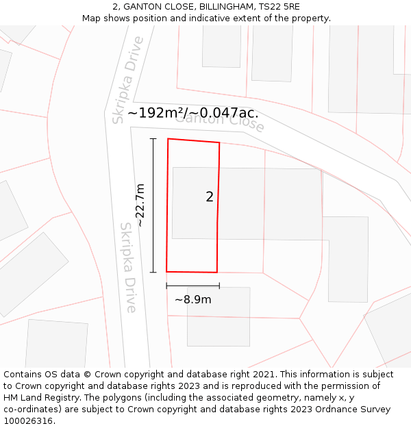 2, GANTON CLOSE, BILLINGHAM, TS22 5RE: Plot and title map