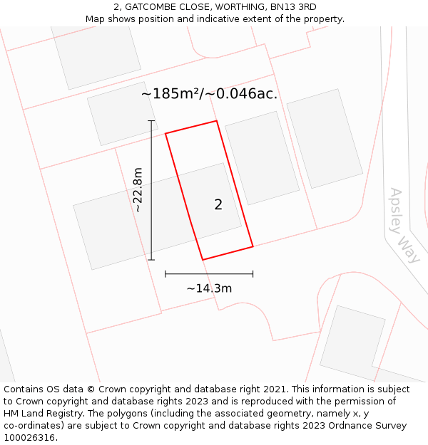 2, GATCOMBE CLOSE, WORTHING, BN13 3RD: Plot and title map