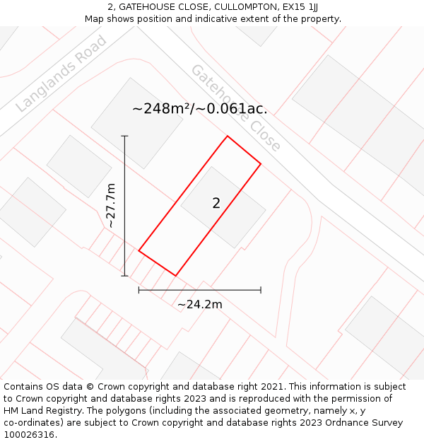2, GATEHOUSE CLOSE, CULLOMPTON, EX15 1JJ: Plot and title map