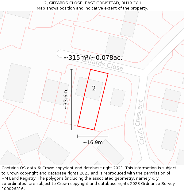 2, GIFFARDS CLOSE, EAST GRINSTEAD, RH19 3YH: Plot and title map