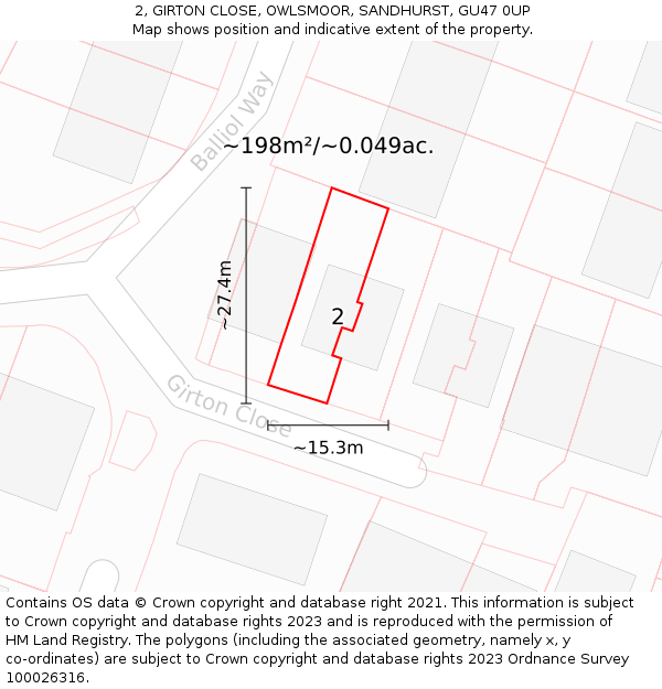 2, GIRTON CLOSE, OWLSMOOR, SANDHURST, GU47 0UP: Plot and title map