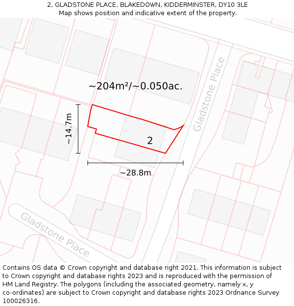 2, GLADSTONE PLACE, BLAKEDOWN, KIDDERMINSTER, DY10 3LE: Plot and title map