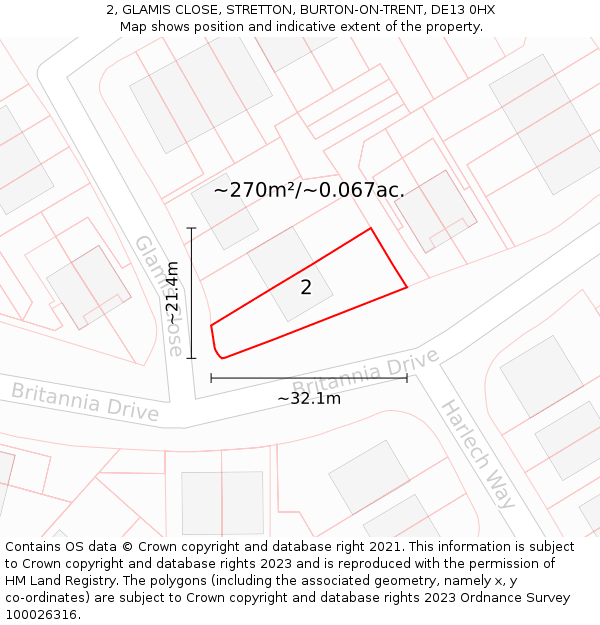 2, GLAMIS CLOSE, STRETTON, BURTON-ON-TRENT, DE13 0HX: Plot and title map
