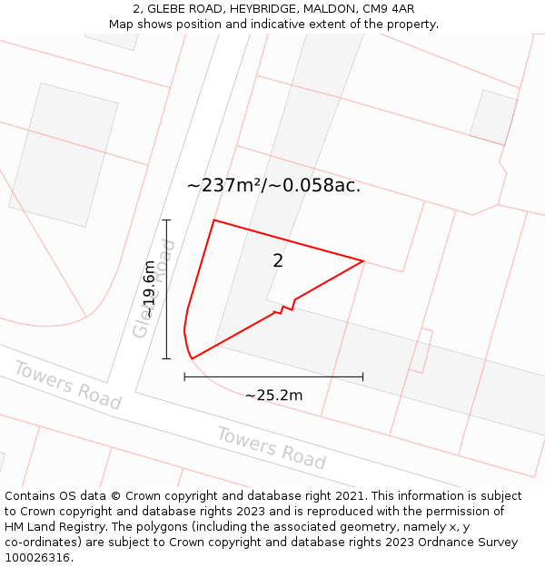 2, GLEBE ROAD, HEYBRIDGE, MALDON, CM9 4AR: Plot and title map