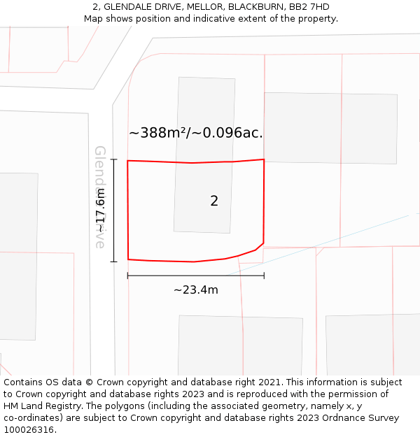 2, GLENDALE DRIVE, MELLOR, BLACKBURN, BB2 7HD: Plot and title map