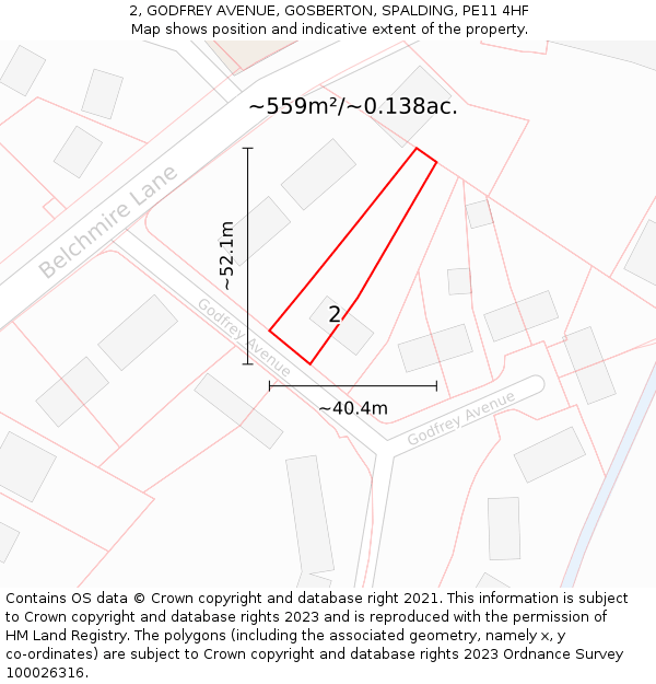 2, GODFREY AVENUE, GOSBERTON, SPALDING, PE11 4HF: Plot and title map