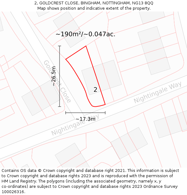 2, GOLDCREST CLOSE, BINGHAM, NOTTINGHAM, NG13 8QQ: Plot and title map