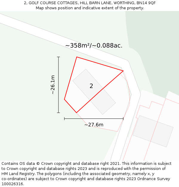 2, GOLF COURSE COTTAGES, HILL BARN LANE, WORTHING, BN14 9QF: Plot and title map