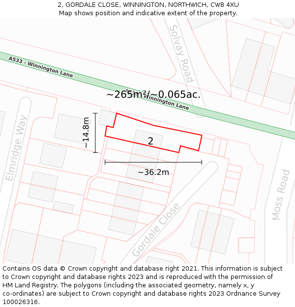 2, GORDALE CLOSE, WINNINGTON, NORTHWICH, CW8 4XU: Plot and title map