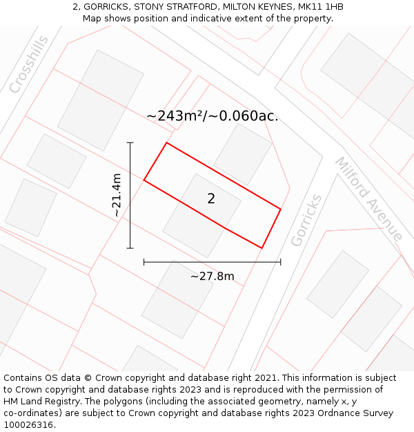 2, GORRICKS, STONY STRATFORD, MILTON KEYNES, MK11 1HB: Plot and title map