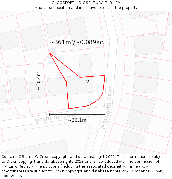 2, GOSFORTH CLOSE, BURY, BL8 1EA: Plot and title map