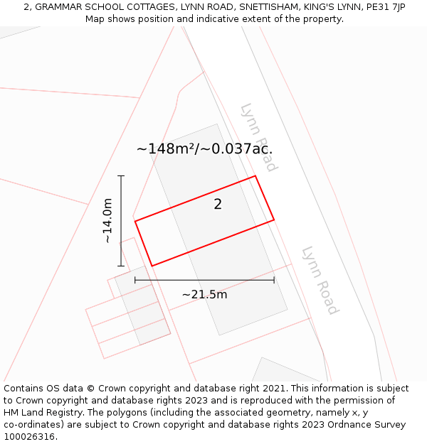 2, GRAMMAR SCHOOL COTTAGES, LYNN ROAD, SNETTISHAM, KING'S LYNN, PE31 7JP: Plot and title map