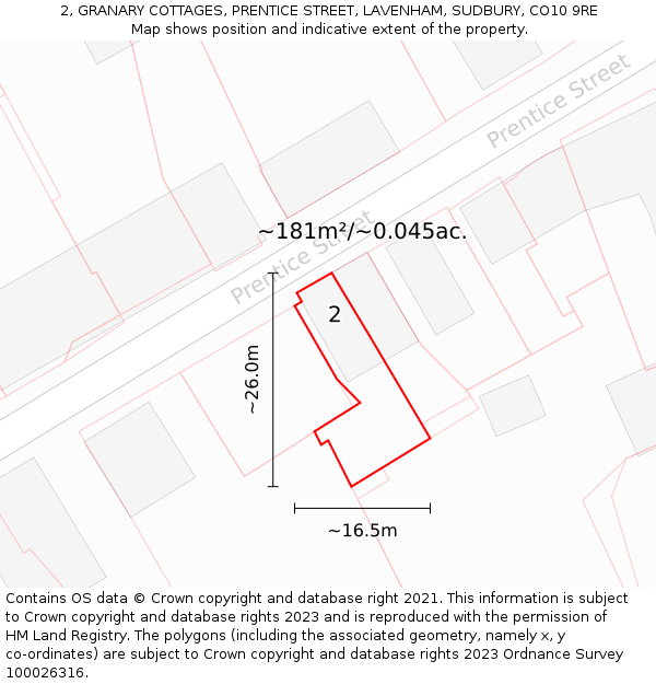 2, GRANARY COTTAGES, PRENTICE STREET, LAVENHAM, SUDBURY, CO10 9RE: Plot and title map