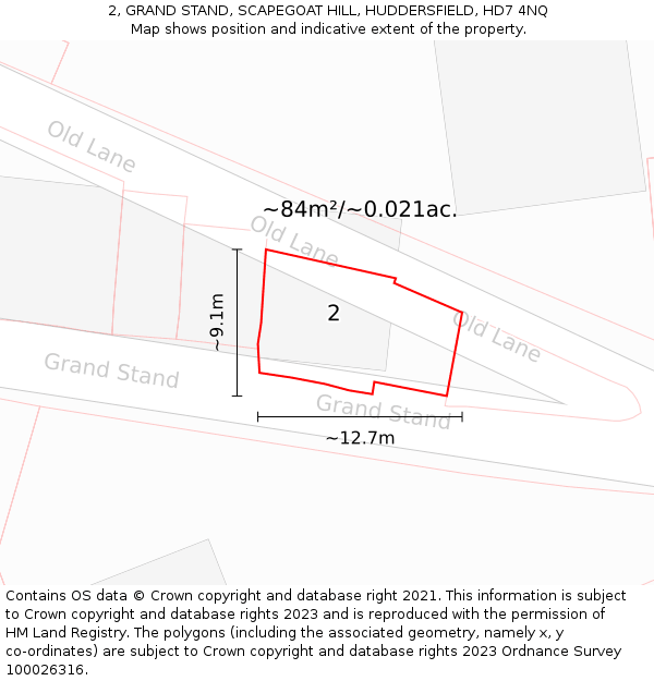 2, GRAND STAND, SCAPEGOAT HILL, HUDDERSFIELD, HD7 4NQ: Plot and title map
