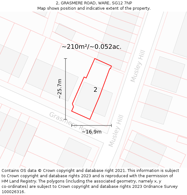 2, GRASMERE ROAD, WARE, SG12 7NP: Plot and title map