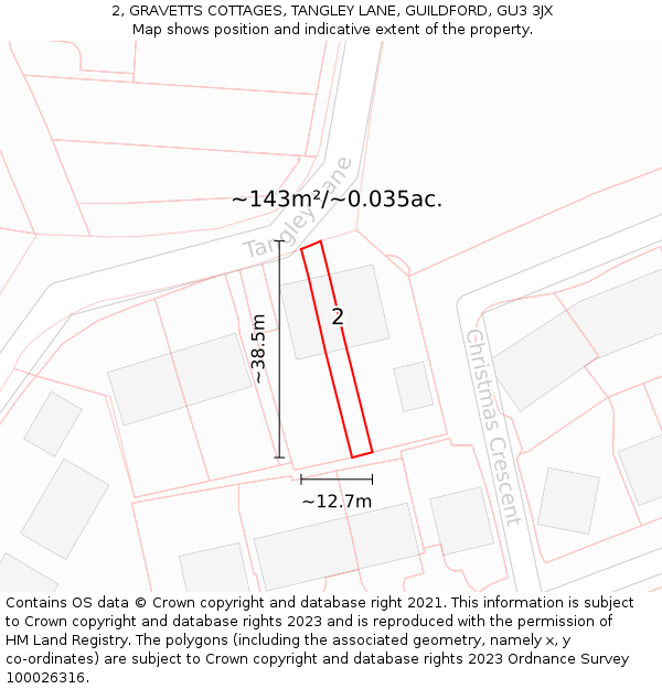 2, GRAVETTS COTTAGES, TANGLEY LANE, GUILDFORD, GU3 3JX: Plot and title map