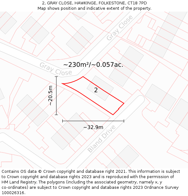 2, GRAY CLOSE, HAWKINGE, FOLKESTONE, CT18 7PD: Plot and title map