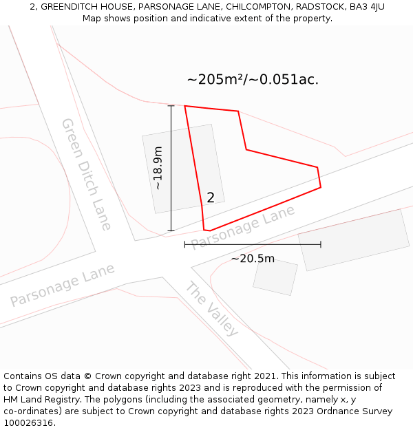 2, GREENDITCH HOUSE, PARSONAGE LANE, CHILCOMPTON, RADSTOCK, BA3 4JU: Plot and title map