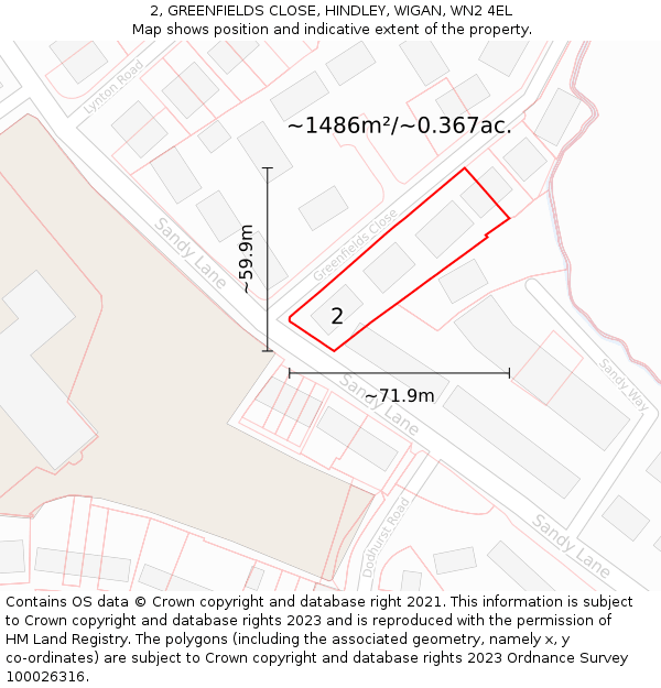 2, GREENFIELDS CLOSE, HINDLEY, WIGAN, WN2 4EL: Plot and title map