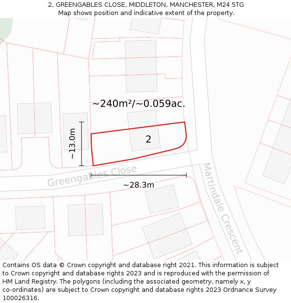 2, GREENGABLES CLOSE, MIDDLETON, MANCHESTER, M24 5TG: Plot and title map
