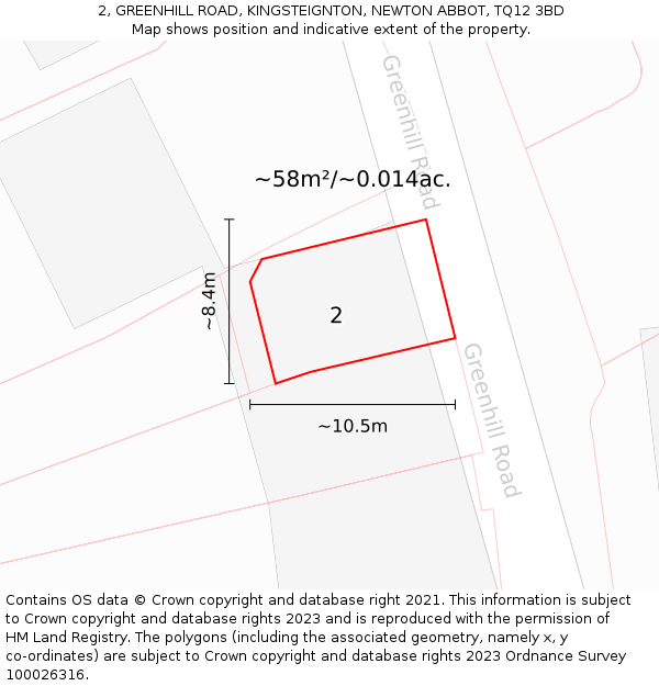 2, GREENHILL ROAD, KINGSTEIGNTON, NEWTON ABBOT, TQ12 3BD: Plot and title map