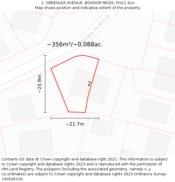 2, GREENLEA AVENUE, BOGNOR REGIS, PO21 3LH: Plot and title map
