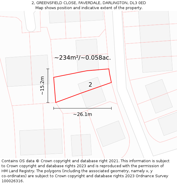 2, GREENSFIELD CLOSE, FAVERDALE, DARLINGTON, DL3 0ED: Plot and title map