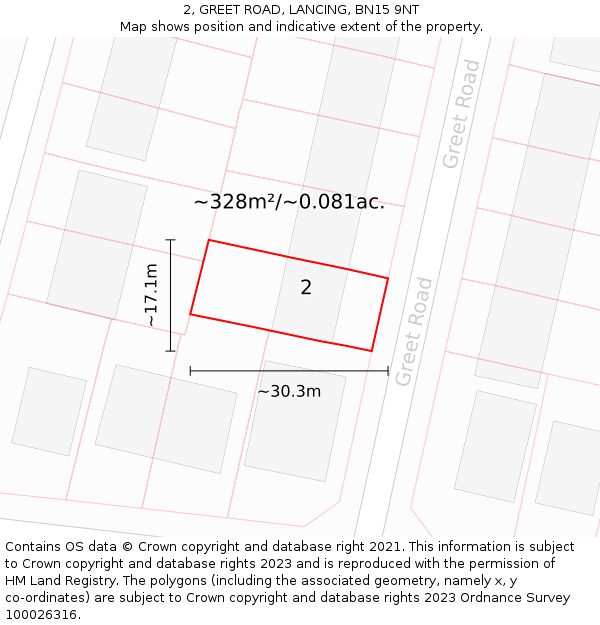 2, GREET ROAD, LANCING, BN15 9NT: Plot and title map