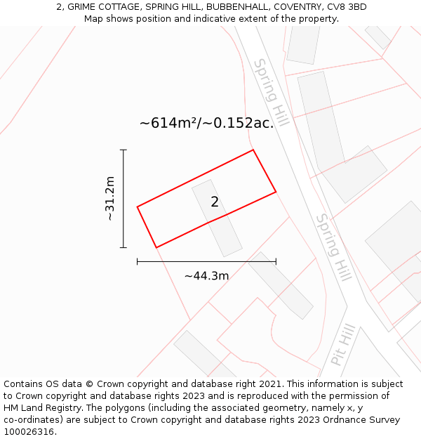 2, GRIME COTTAGE, SPRING HILL, BUBBENHALL, COVENTRY, CV8 3BD: Plot and title map