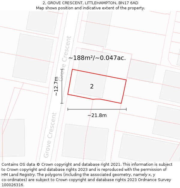 2, GROVE CRESCENT, LITTLEHAMPTON, BN17 6AD: Plot and title map