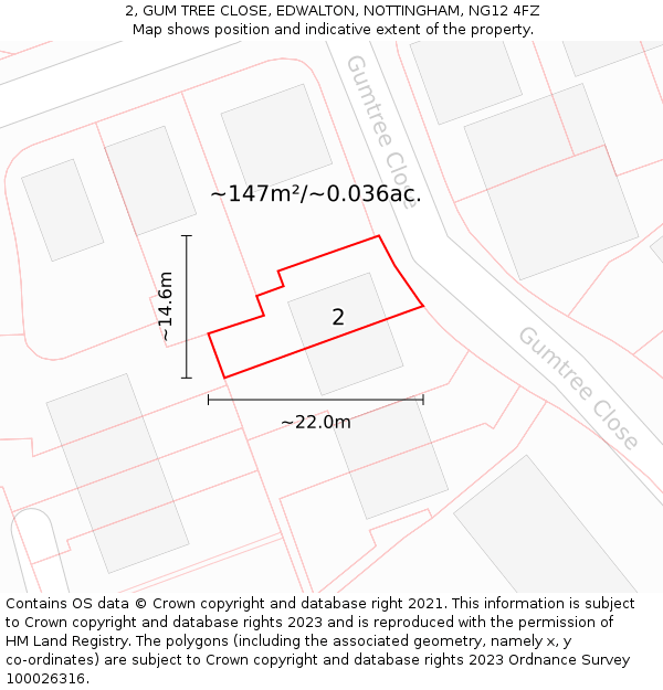 2, GUM TREE CLOSE, EDWALTON, NOTTINGHAM, NG12 4FZ: Plot and title map
