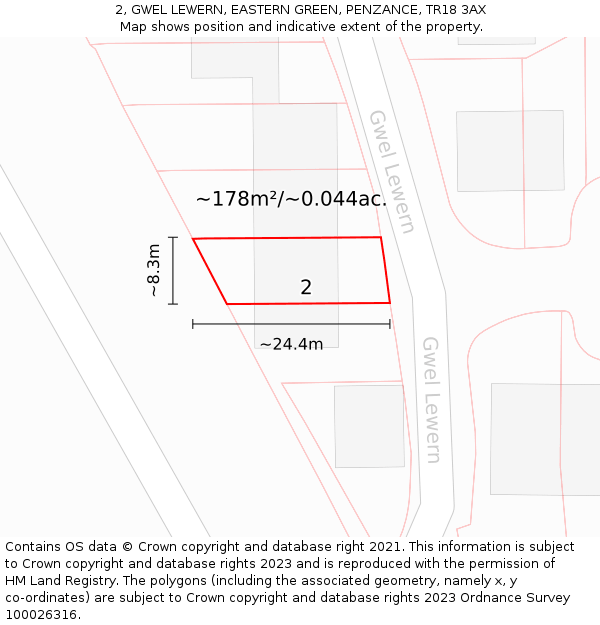 2, GWEL LEWERN, EASTERN GREEN, PENZANCE, TR18 3AX: Plot and title map