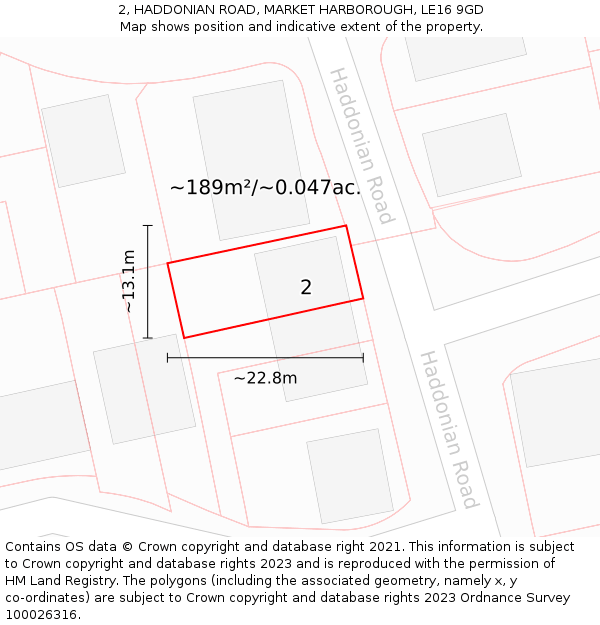 2, HADDONIAN ROAD, MARKET HARBOROUGH, LE16 9GD: Plot and title map