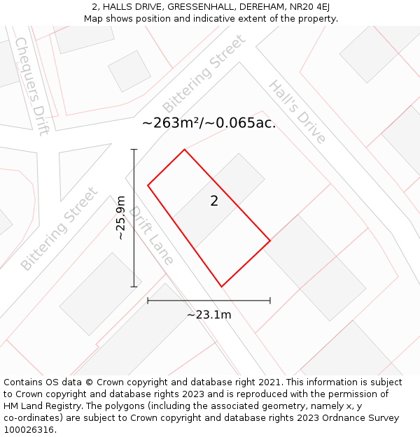 2, HALLS DRIVE, GRESSENHALL, DEREHAM, NR20 4EJ: Plot and title map
