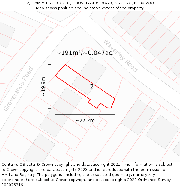 2, HAMPSTEAD COURT, GROVELANDS ROAD, READING, RG30 2QQ: Plot and title map