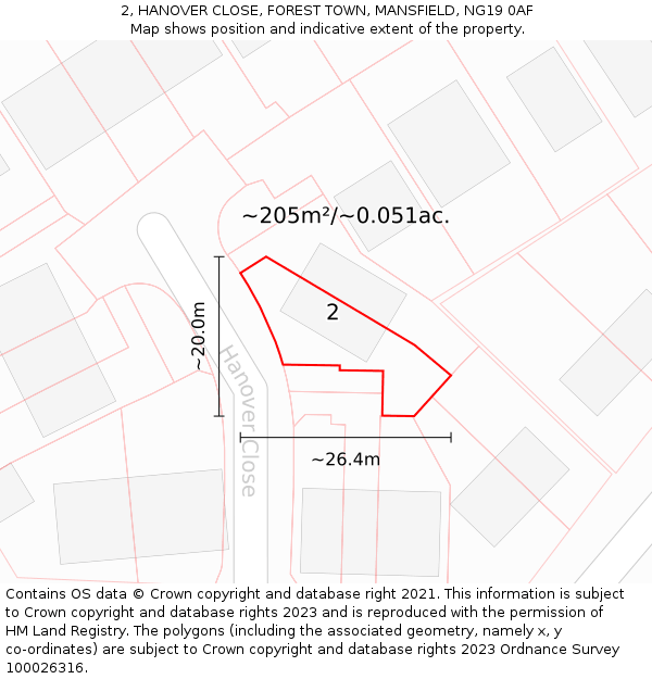 2, HANOVER CLOSE, FOREST TOWN, MANSFIELD, NG19 0AF: Plot and title map