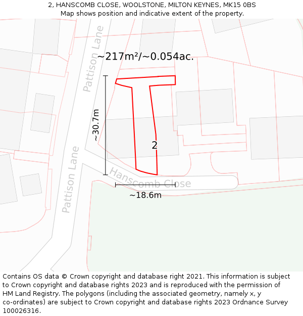 2, HANSCOMB CLOSE, WOOLSTONE, MILTON KEYNES, MK15 0BS: Plot and title map