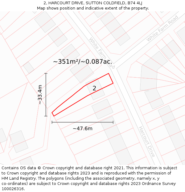 2, HARCOURT DRIVE, SUTTON COLDFIELD, B74 4LJ: Plot and title map